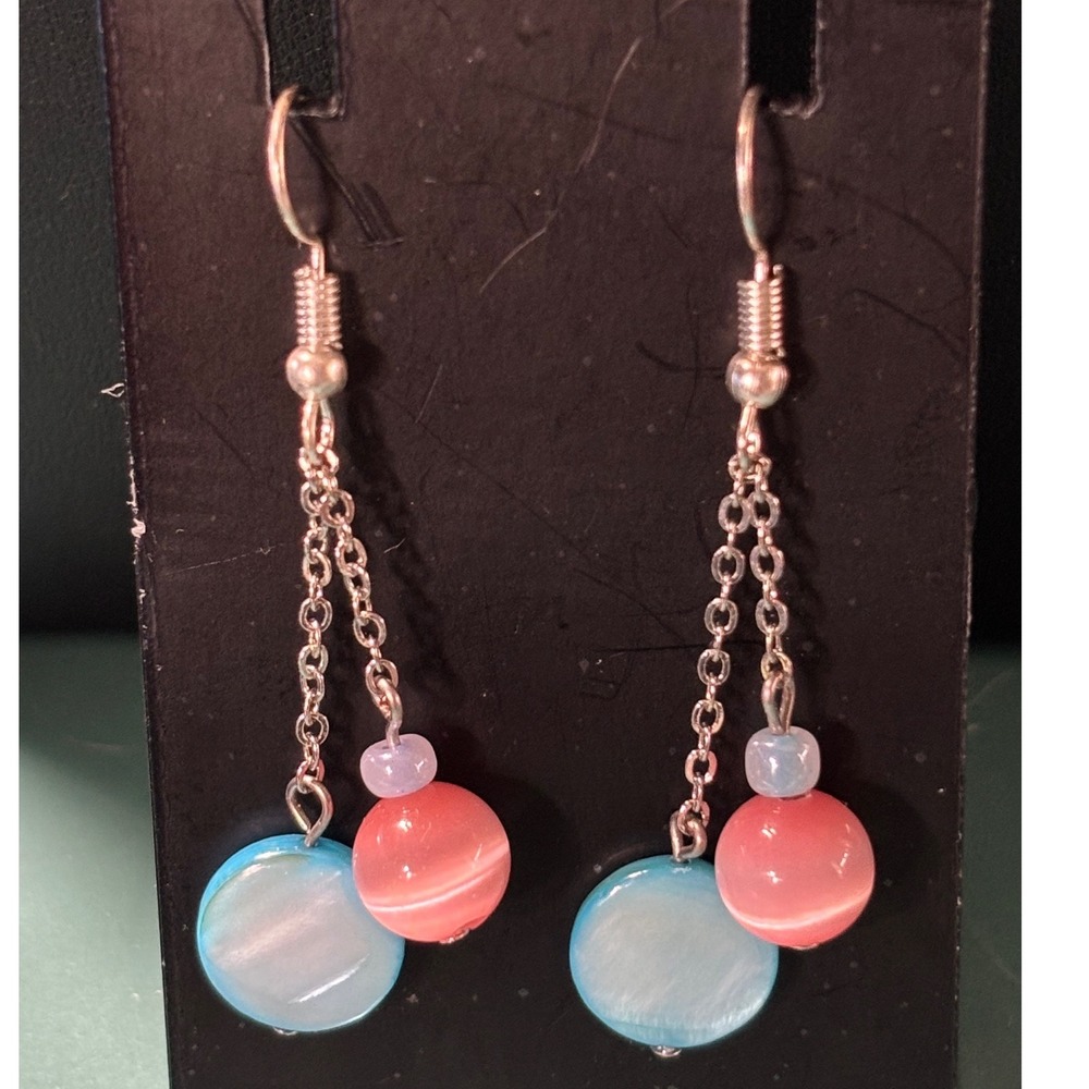 Pink Cats Eye and Blue Shell Disc Dangle‎ Earrings Silver Tone Coastal Boho
